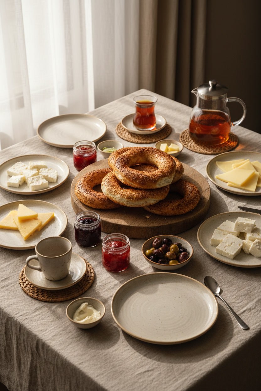 Beyaz keten örtü üzerinde açılmış bir hediye seti — simit, reçel ve porselen kahve fincanı