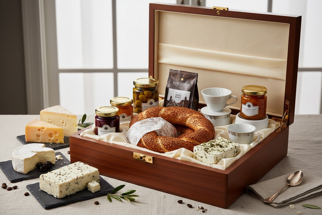 Lüks hediye seti — dört simit, iki reçel, kavrulmuş kahve paketi ve porselen fincan